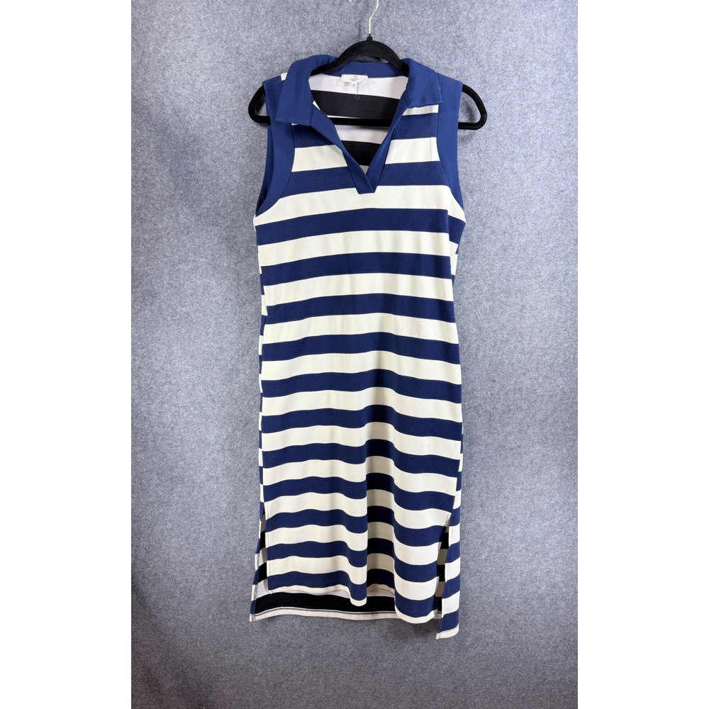 Entro Womens Blue White Striped Sleeveless Polo V-Neck Midi Dress Pockets M